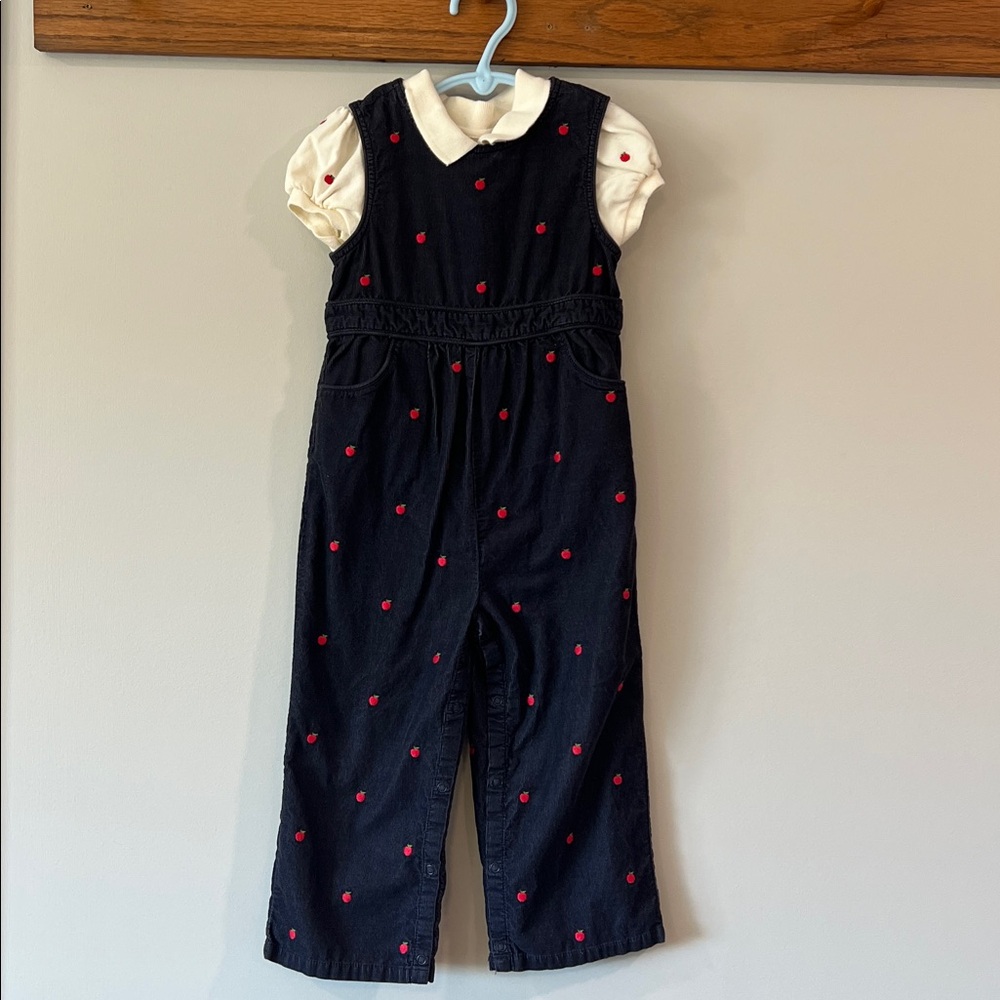 Gymboree Dark Blue Overalls - 3T/4T, embroidered apples, 2 piece
